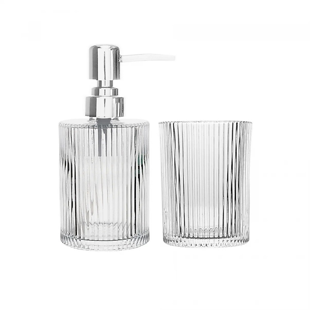 Conjunto 2 Peças para Banheiro de Vidro Lines Lyor Dispenser Sabonete Líquido e Porta Escova Dentes Decoração Requintada