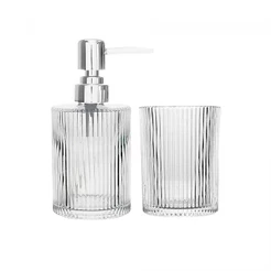 Conjunto 2 Peças para Banheiro de Vidro Lines Lyor Dispenser Sabonete Líquido e Porta Escova Dentes Decoração Requintada