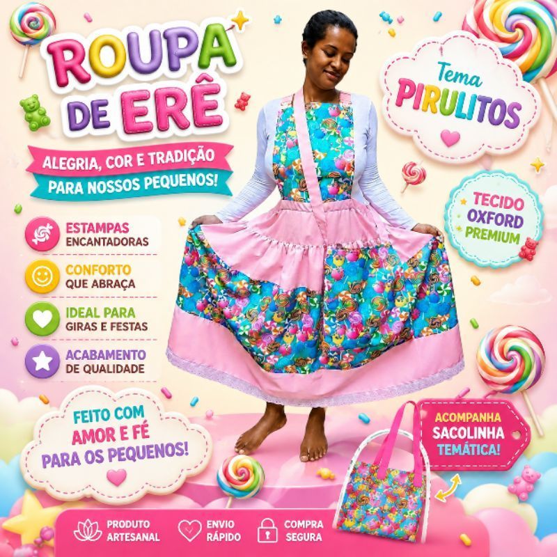 Jardineira Erê/Eréia Pirulitos Umbanda/Candomblé/Omolokô Roupa Erê