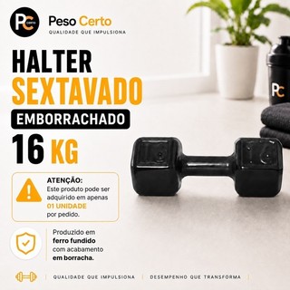 Halter Emborrachado 16 Kg Sextavado peso de Academia Musculação Treino em Casa Crossfit Funcional