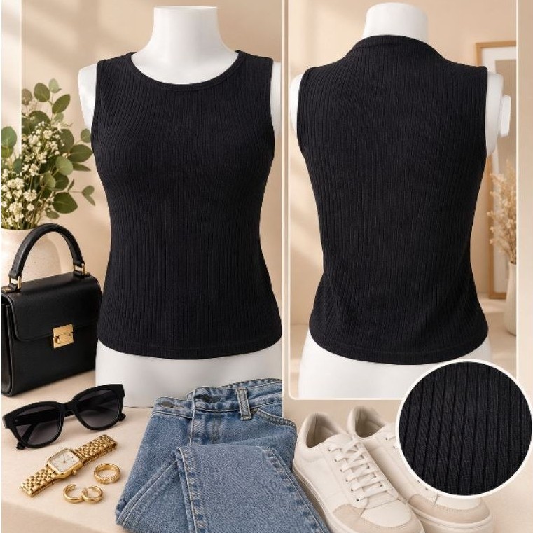 Blusa Feminina Preta Básicos Malha Canelada Sem Manga Tamanho M com Elastano Regata Casual Básica Feminina (Brechó)