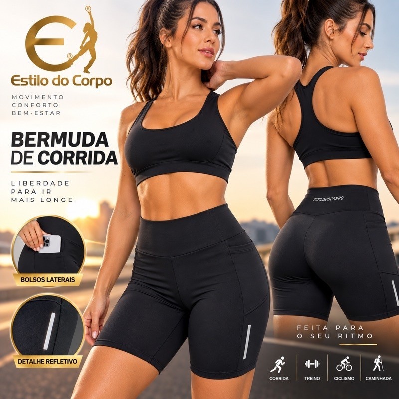 Bermuda Feminina de Corrida Estilo do Corpo com Bolsos Laterais e Refletivo | Cintura Alta Fitness Academia Caminhada
