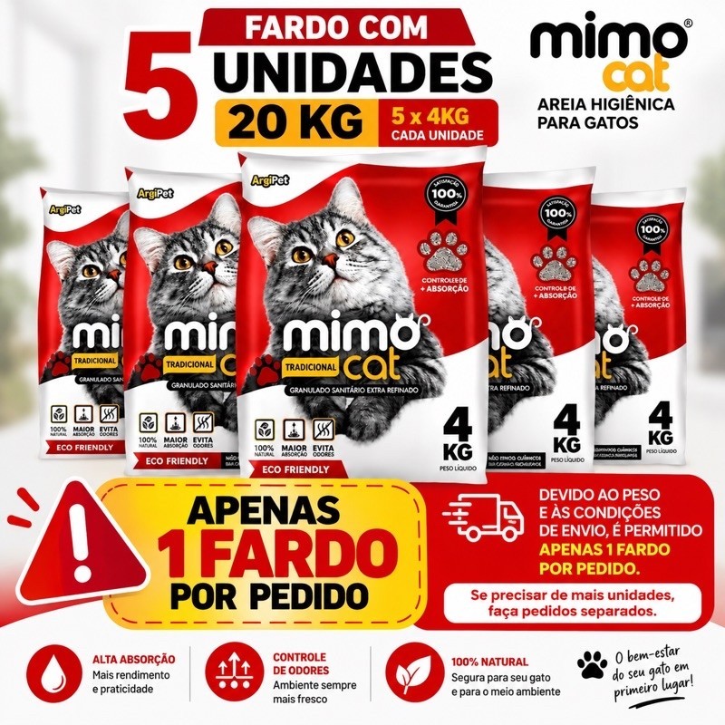 Areia Higiênica para Gatos Mimo Cat Kit 5x4 (20kg) Alta Absorção Controle de Odores
