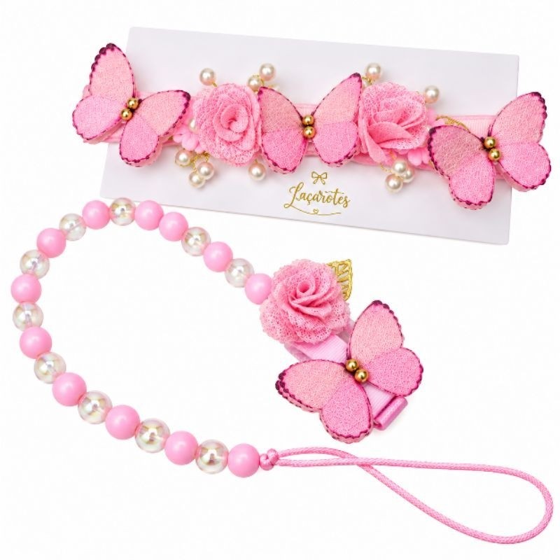 Kit Jardim Encantado Rosa Bebê - Tiara de Meia com Borboletas + Prendedor de Chupeta tradicional
