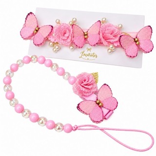 Kit Jardim Encantado Rosa Bebê - Tiara de Meia com Borboletas + Prendedor de Chupeta tradicional