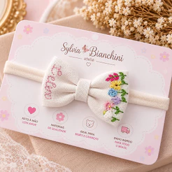 Laço Linho Bordado Flores Com nome | Personalizado Infantil | Na Faixinha ou Bico de Pato
