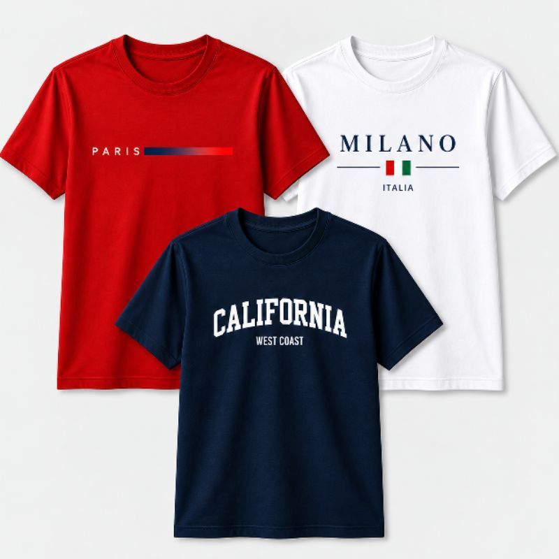 Kit 3 Camisetas Masculinas 100% Algodão Paris Milano California Malha 30.1 Estampada Slim Premium