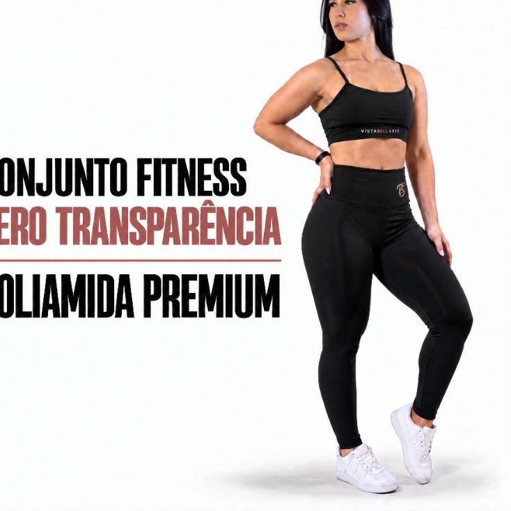Conjunto Academia Premium Top + Legging Cintura Alta Blackout Zero Transparência Poliamida Vista Bella Fit