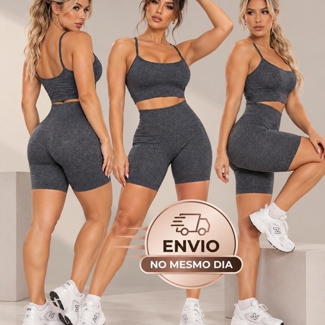 Conjunto Top + Bermuda Ciclista Academia Feminino Fitness Suplex Premium Cintura Alta Zero Transparência Grafite