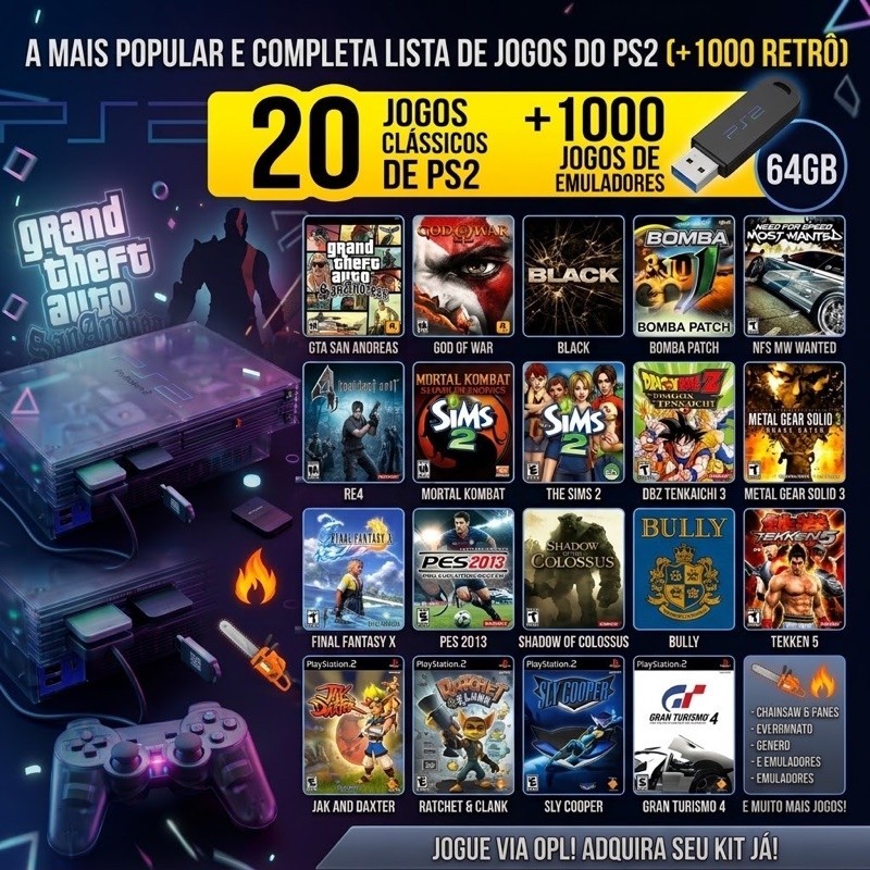Kit OPL Pendrive 64GB + Memory Card para PlayStation 2 (PS2 Slim e Fat) - Jogos na USB + Emuladores Retrô
