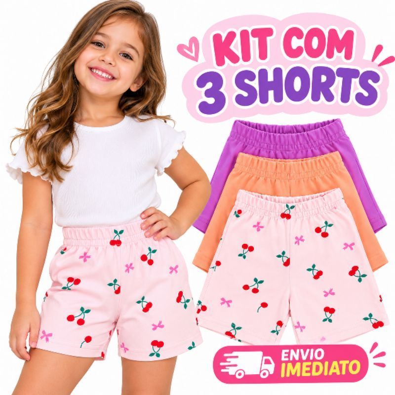 Kit 3 Shorts Infantil Menina Verão Confortável Colorido Básico Estampado, ciclista, segurança