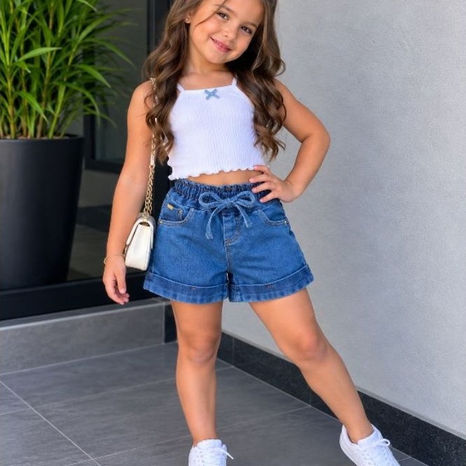 Short Jeans Infantil Menina Cintura Ajustável Com Lycra Confortável Moda Verão
