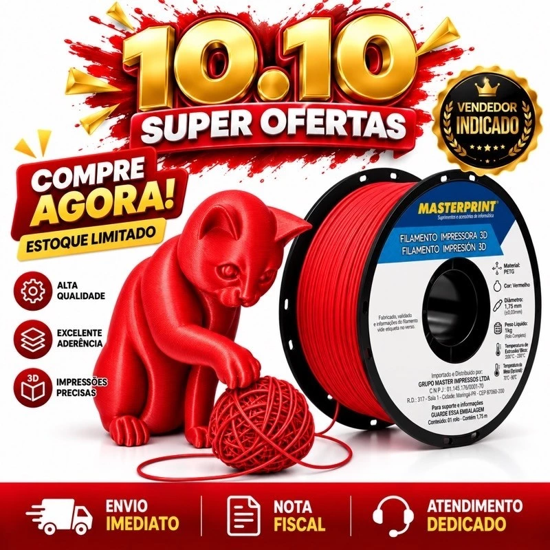Filamento PLA Silk Vermelho MasterPrint 1kg 1,75mm para Impressora 3D Bambu Lab e Outras