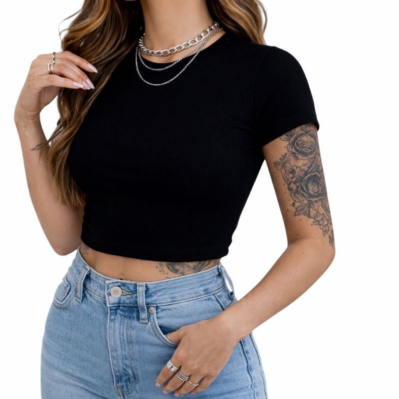Cropped Manga Curta Feminino Gola Redonda Blusa Slim Canelada Justinha Básica Casual