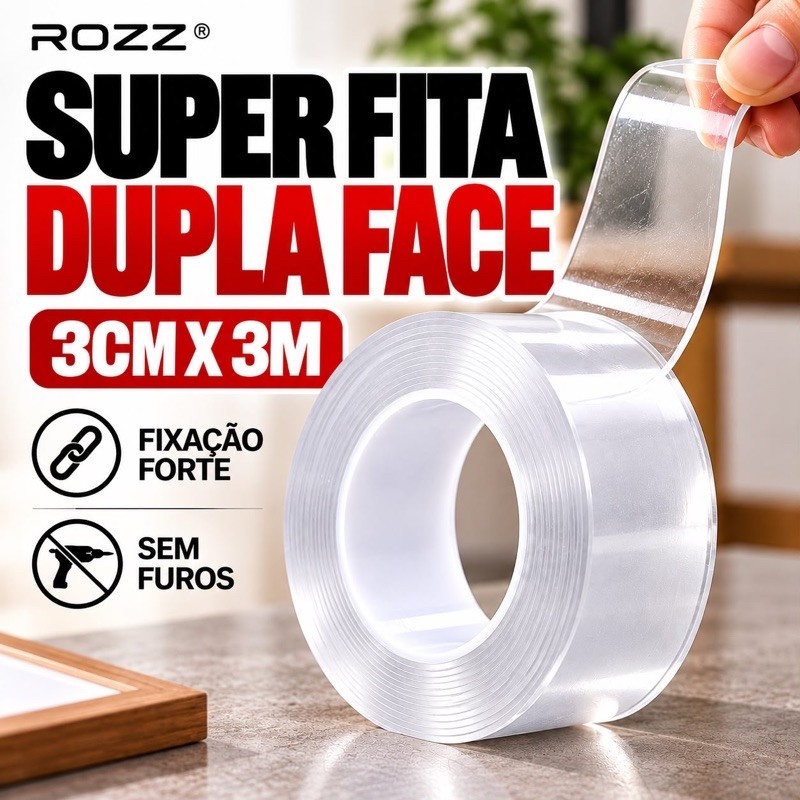 Fita Dupla Face Extra Forte Transparente 3cm x 3m Multiuso Sem Furo Parede Azulejo Vidro ROZZ