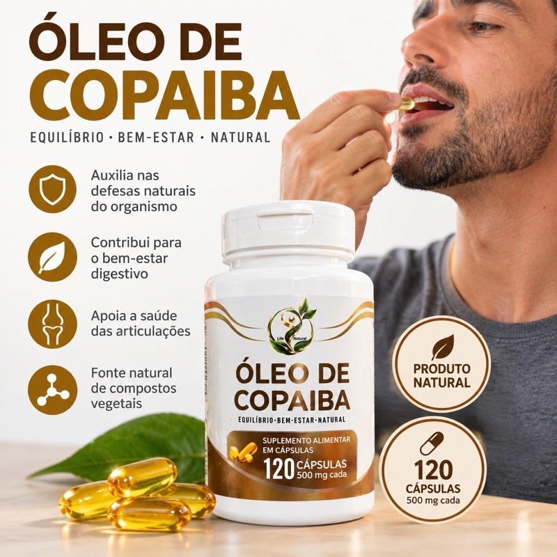 ÓLEO DE COPAÍBA 500mg LIFE NATURAL – 120 CÁPSULAS | SUPLEMENTO ALIMENTAR