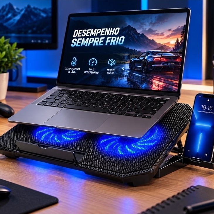 Base Cooler Notebook Suporte Refrigerado Notebook2 Fans LED Azul