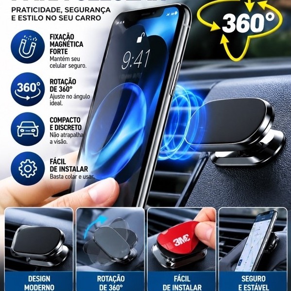 Suporte veicular Celular magnético 360° Carro GPS