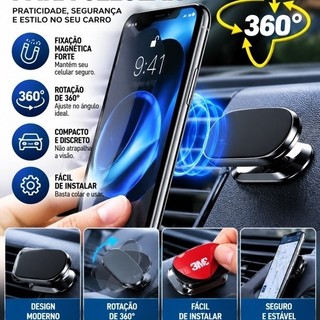 Suporte veicular Celular magnético 360° Carro GPS