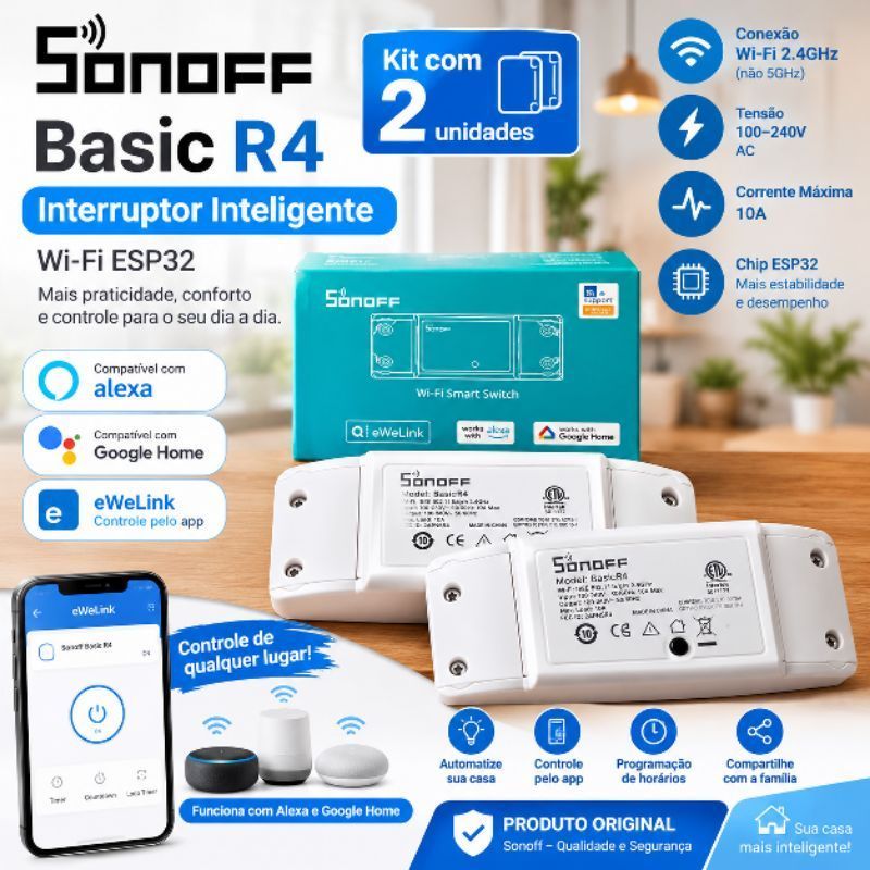 Kit 2 interruptor inteligente Sonoff Basic R4 WiFi ESP32 Alexa Google Home"