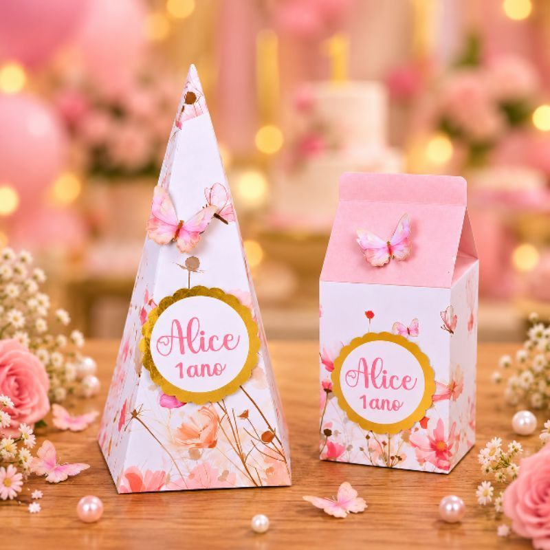 Kit Festa Borboleta Rosa Personalizado| Caixa Milk + Caixa Pirâmide | Lembrancinhas em Papel