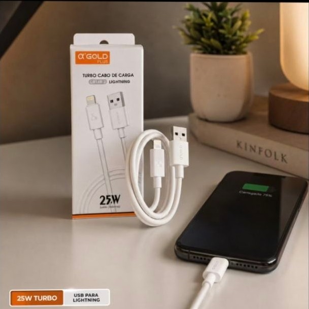 Cabo Turbo A'Gold Lightning 25W CB148 Para iPhone Com Carregamento Rápido Seguro E Resistente