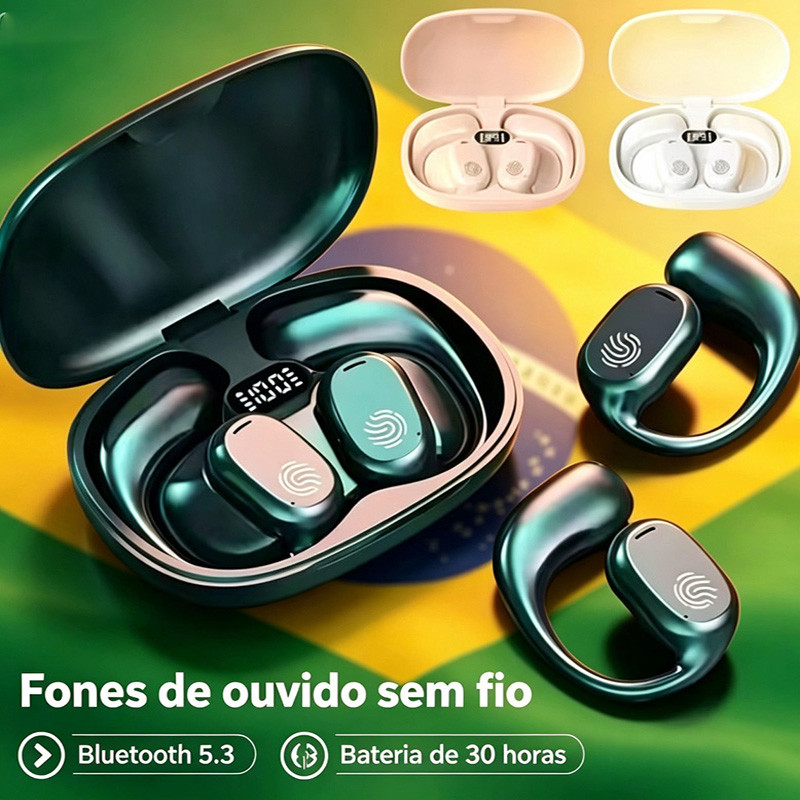 Fone de Ouvido TWS com condução óssea Bluetooth 5.3 Sem Fio | Estilo Earclip Ponto de Toque display digital B8