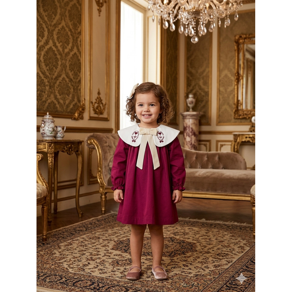Vestido infantil manga longa inverno fita veludo bordado festa casamento chique