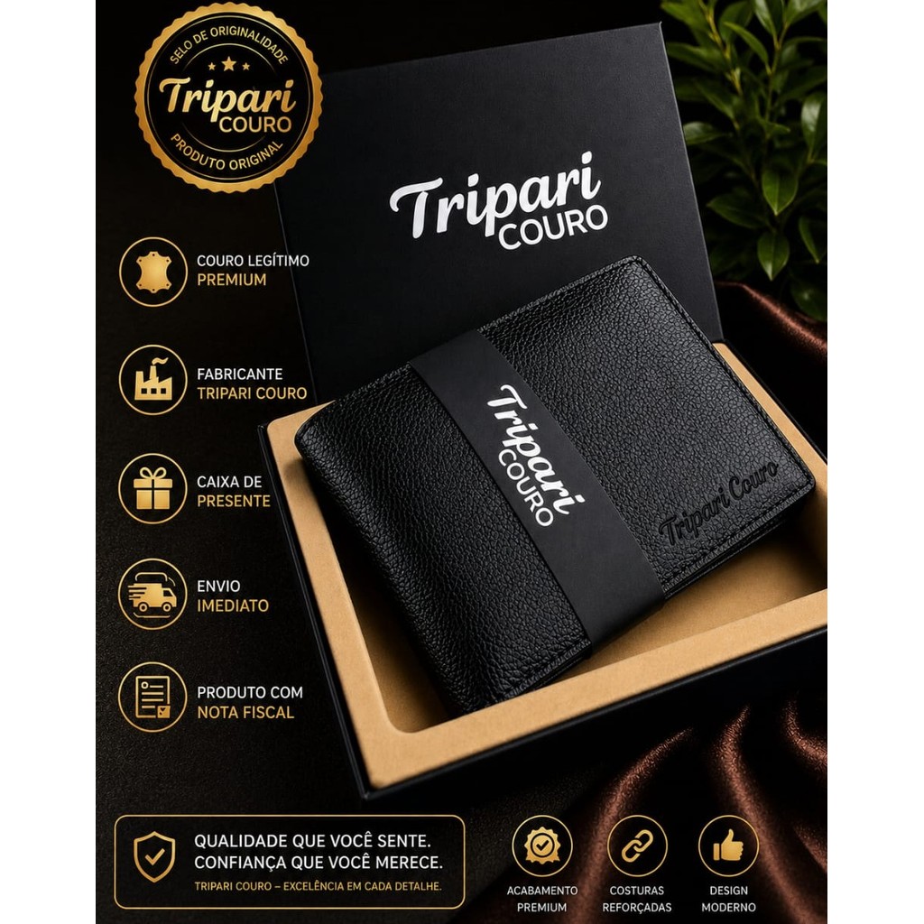 CARTEIRA MASCULINA COURO LEGÍTIMO TRIPARI COURO ORIGINAL + CAIXA DE PRESENTE DIA DOS PAIS NAMORADOS