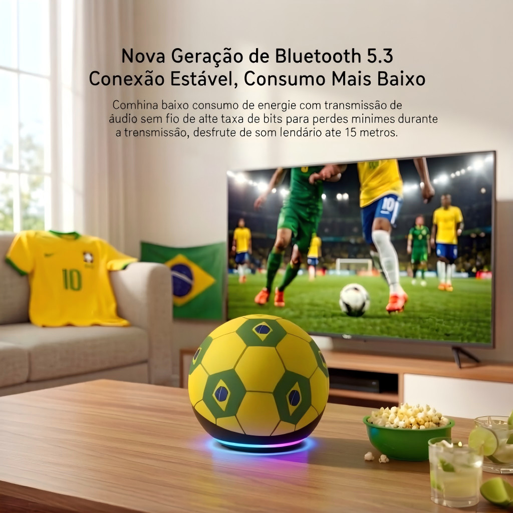 Caixa de Som Bluetooth Portátil Bola Futebol Brasil TWS LED RGB GIBOX SOM-023