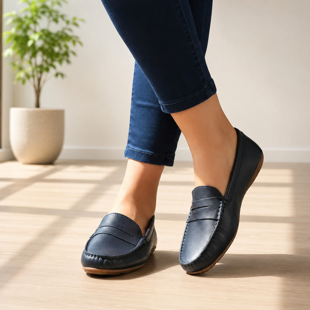 Mocassim Feminino Couro Legítimo Confortável Azul Marinho Trabalho Flexível Brasil ELAINE 02