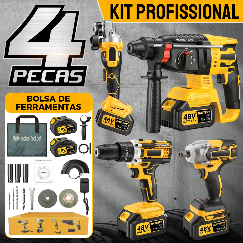 Furadeira Parafusadeira 48V Profissional + Kit 4 Ferramentas com 2 Baterias Recarregáveis e Bolsa de Ferramentas