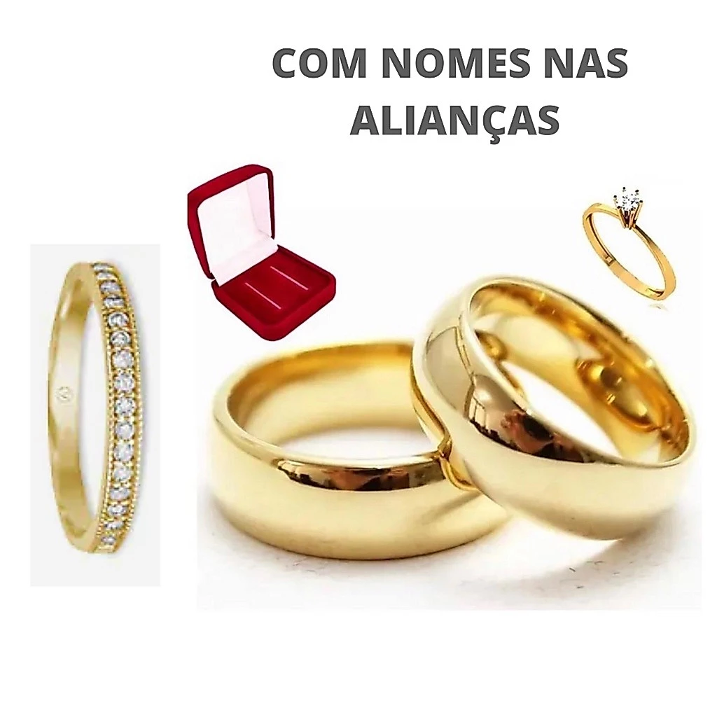 Par De Aliança Abaulada Anatomica 6mm Moeda Antiga + Anel Solitario + Aparador + Caixinha + Nome