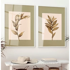 Quadro Decorativo Com Moldura Vidro Sala Quarto Casal Escritório Duo Floral Plantas Douradas Sépia