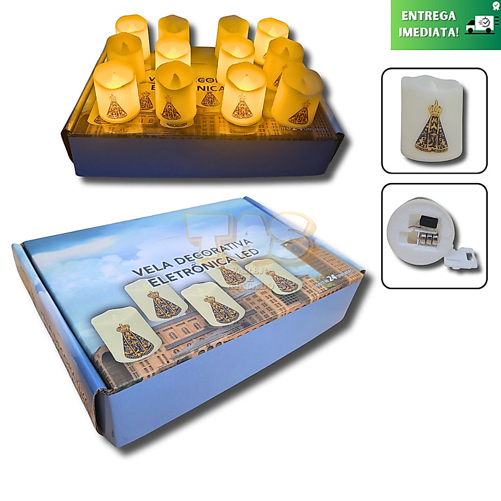 Kit 24 Velas Pequenas Nossa Senhora Aparecida Decorativa Eletrônica LED Mini Vela + 3 Pilhas de Botão AG3 LR41 1.5V
