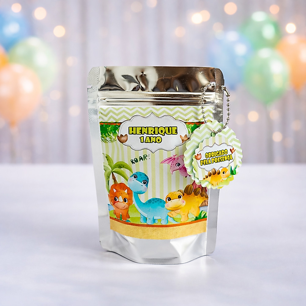 Saquinho Metalizado Ziplock Dinossauros Personalizada /Lembrancinha/Festa /Aniversário