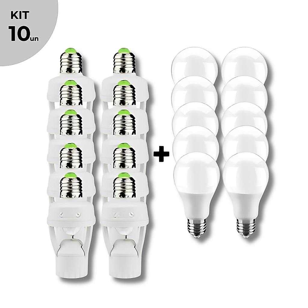 Kit 10 Soquete Bocal E27 Bivolt Com Sensor De Presença Movimento 360º + 10 Lâmpada LED 12w