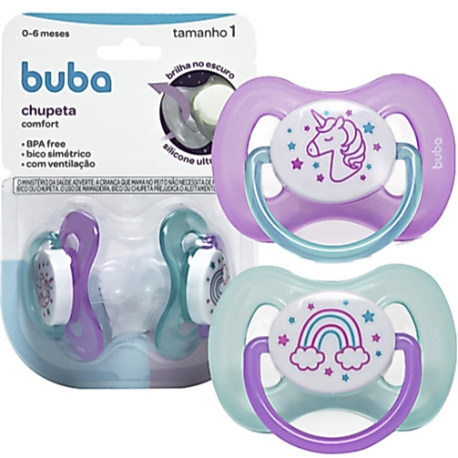 Chupeta Tamanho 1 (+0 a 6 Meses) Buba Kit 2 Unidades Unicórnio Noturna - Comfort Utra Soft Infantil  - BRILHA NO ESCURO