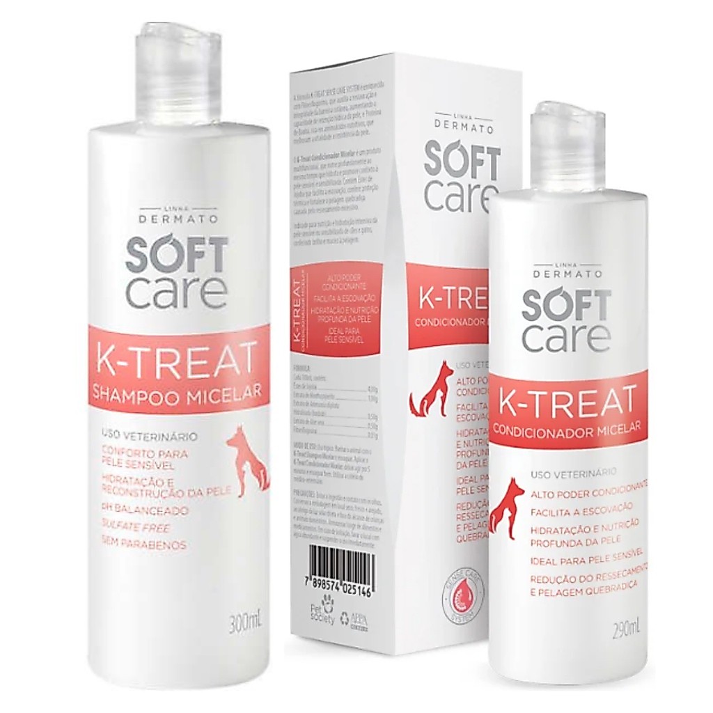 1 K-treat Condicionador e 1 Shampoo K-treat 300ml Soft Care Cães e Gatos