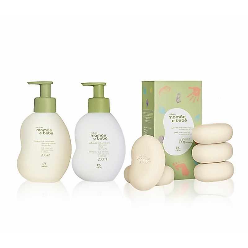 Natura Mamãe e Bebe Kit Shampoo 200ml + Condicionador + Sabonete em barra c/5 Unidades