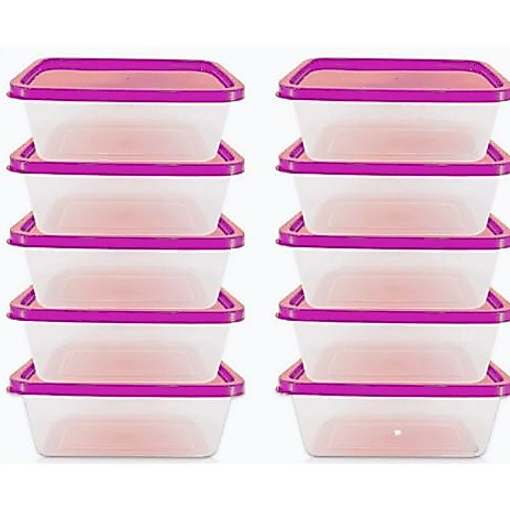 Kit 10 Potes Marmita Fitness 1000 ml 1L Para Freezer e Microondas BPA Free Transparentes Tampa Rosa Organizador de Alimentos retangular