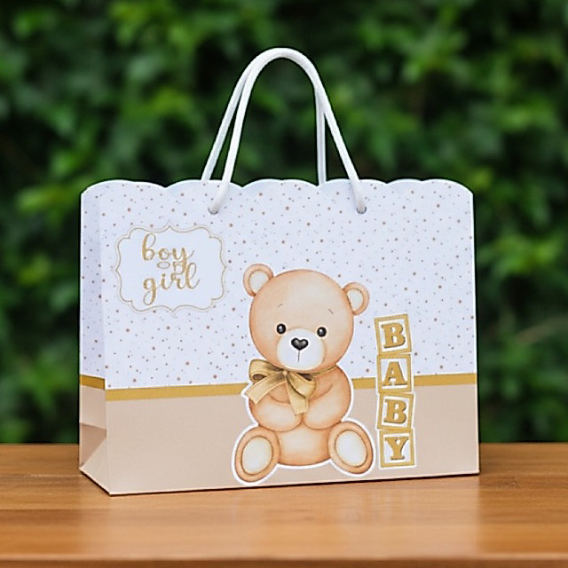 Sacolinha Personalizada Chá revelação Ursinho neutro-Lembrancinha chá de bebê - cha fralda