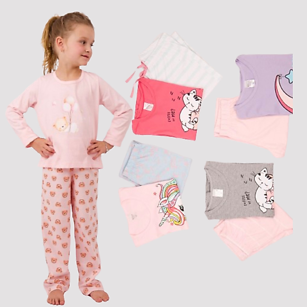 Kit 4 Pijamas Infantil Menina Feminino 100% Algodão Sortido Manga Longa e Calça Estampado Inverno