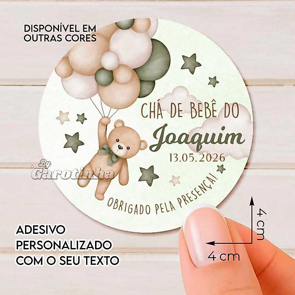 Adesivo Personalizado Chá de Bebê Ursinho Balão Lembrancinha Maternidade Cha Revelação 4cm