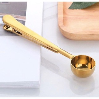 Colher Dosadora Café Dourada Inox com Grampo 2 em 1 Medidora 17cm Elegante Gourmet Clipe Prendedor