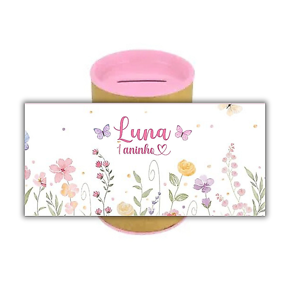 Rótulo Adesivo Cofrinho 10x6 cm Personalizado | Jardim das Borboletas | Lembrancinhas | Aniversário