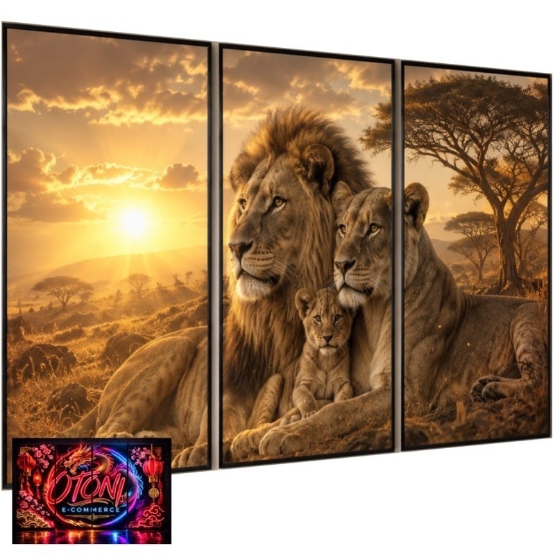 Quadros Decorativos Família Leão Religioso Kit 3 Peças Decoração Sala Quarto Escritório Decoração