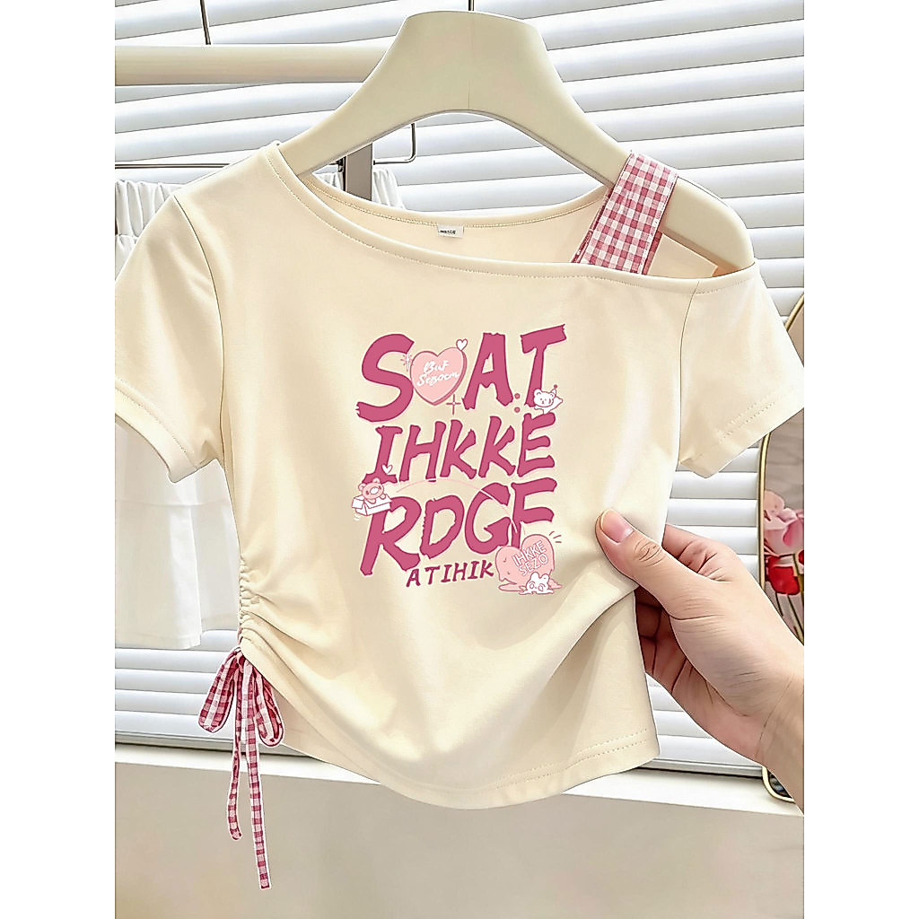 Pequena carta doce impressão meninas camiseta de manga curta ombro inclinado verão médio grande crianças meninas criança