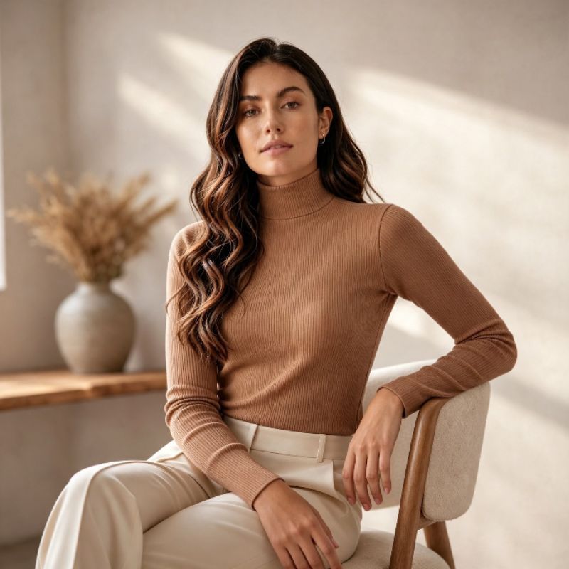 Blusa Feminina estilosa elegante cacharrel gola alta algodão canelada estica justa ao corpo basica casual roupa feminina