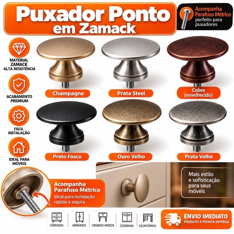 Kit Puxador Ponto Redondo Metal Móveis Gavetas Armários Gabinetes Cozinha Banheiro Com Parafuso